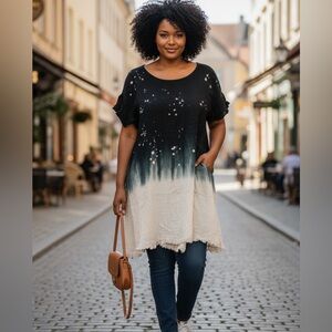 Umgee Large Black and Cream Dress/Tunic Ombre Dip Dyed Raw Edges